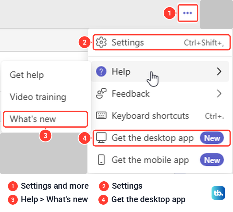 Teams on the web Settings and more menu with Settings, Help and Get the desktop app.