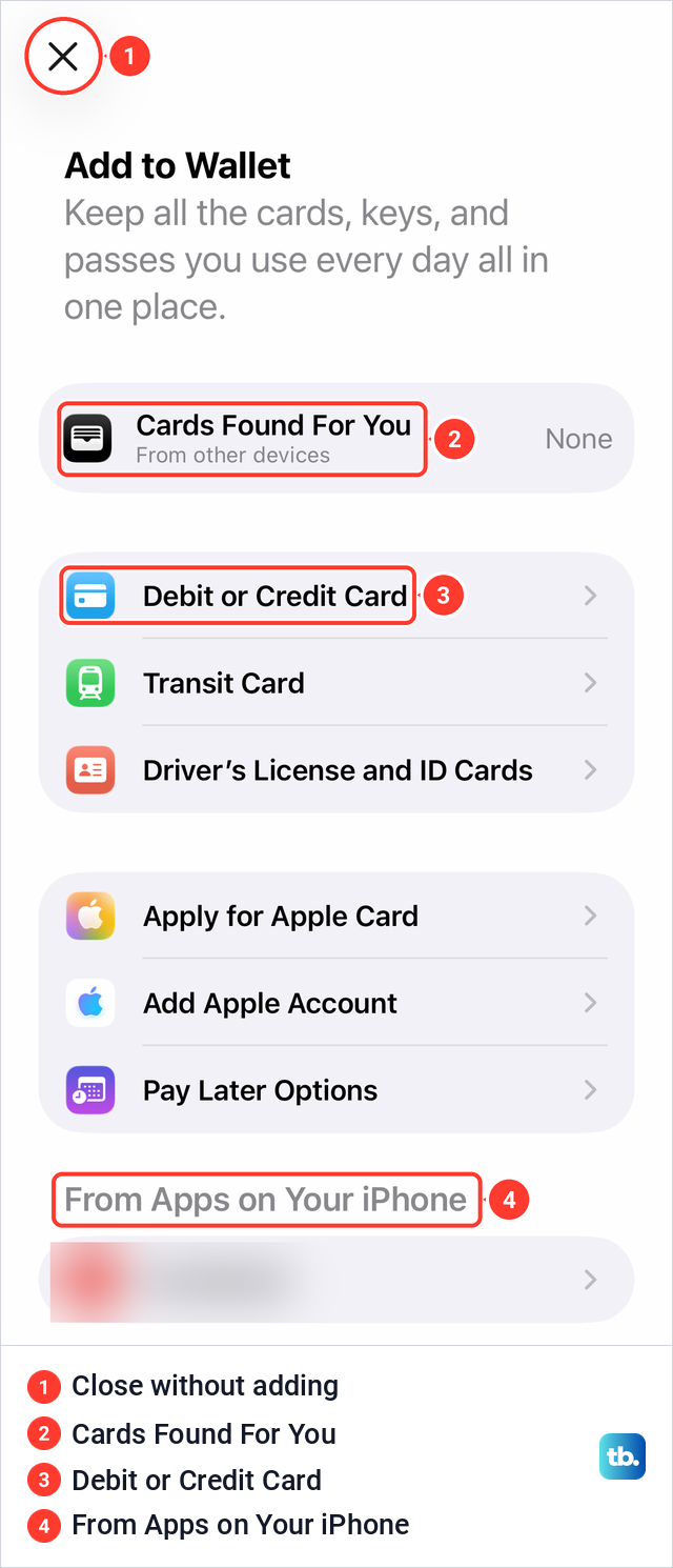 The iPhone Add to Wallet screen listing Cards Found For You, Debit or Credit Card and other card types.