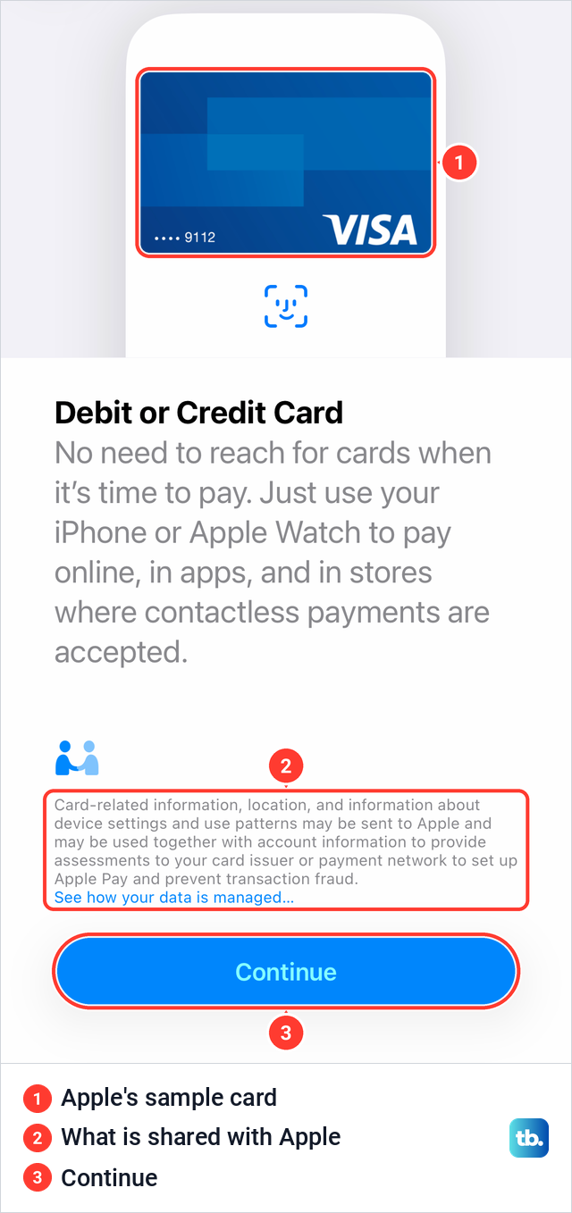 The iPhone Debit or Credit Card screen with Apple's sample card, a data note and the Continue button.
