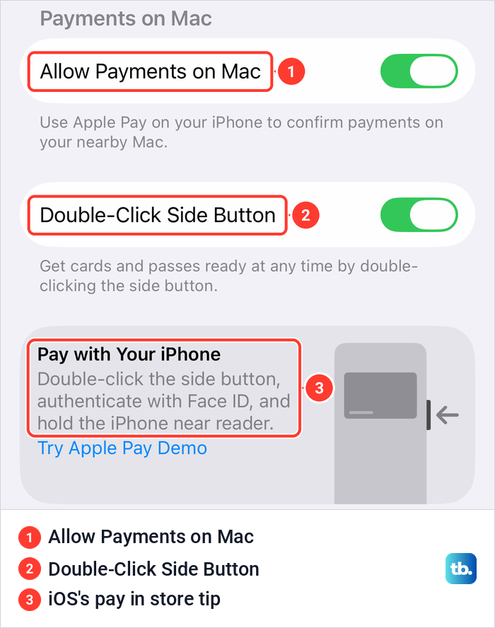 Lower part of iPhone Apple Pay Defaults with Allow Payments on Mac, Double-Click Side Button and a pay tip.