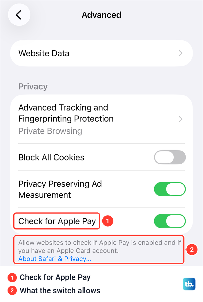iPhone Safari Advanced settings with the Check for Apple Pay switch turned on and its explanation.