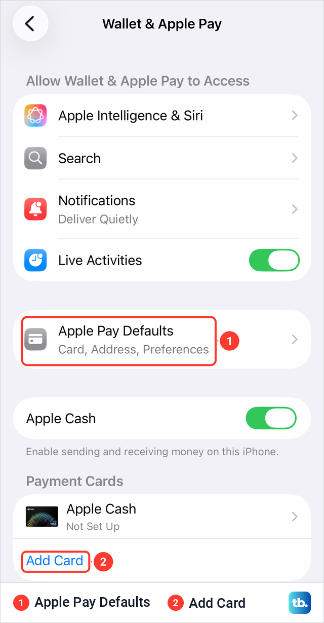 iPhone Settings page for Wallet and Apple Pay with Apple Pay Defaults and an Add Card link under Payment Cards.