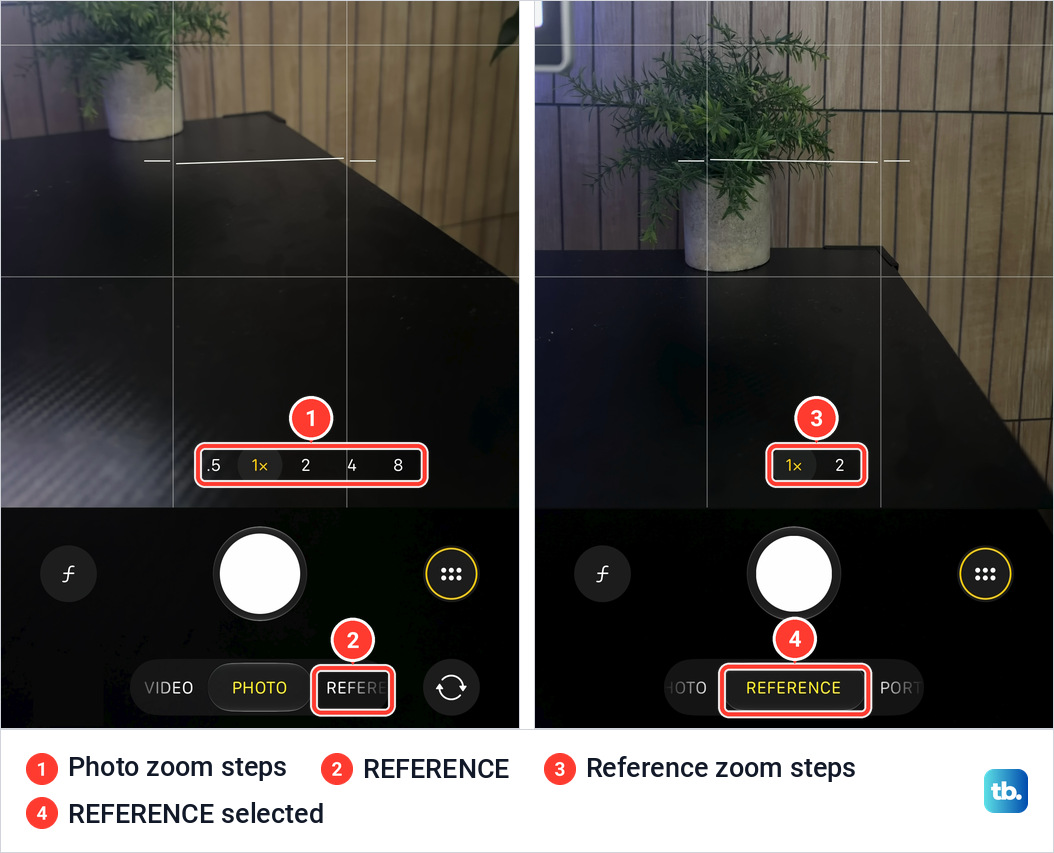 Two Camera screens pointed at a small plant on a desk, the left in Photo mode with five zoom steps and the right in Reference mode with two