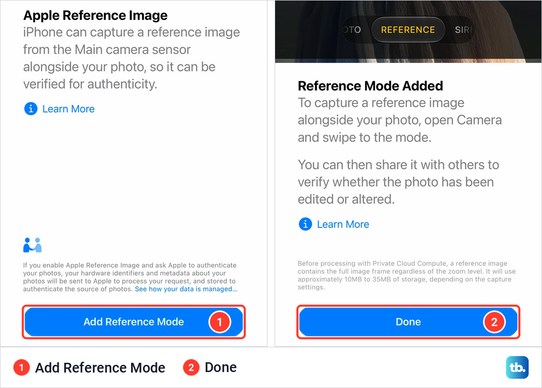 Two setup screens side by side, one titled Apple Reference Image with an Add Reference Mode button and one titled Reference Mode Added with a Done button