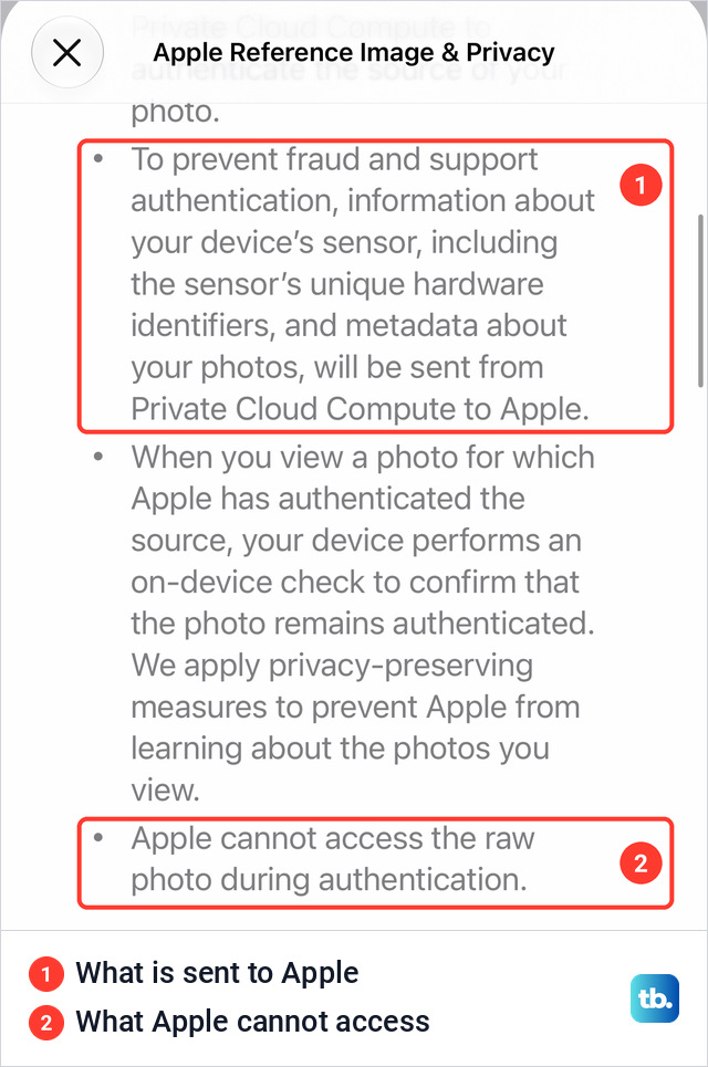 The Apple Reference Image and Privacy screen with a list of points, ending with the line Apple cannot access the raw photo during authentication
