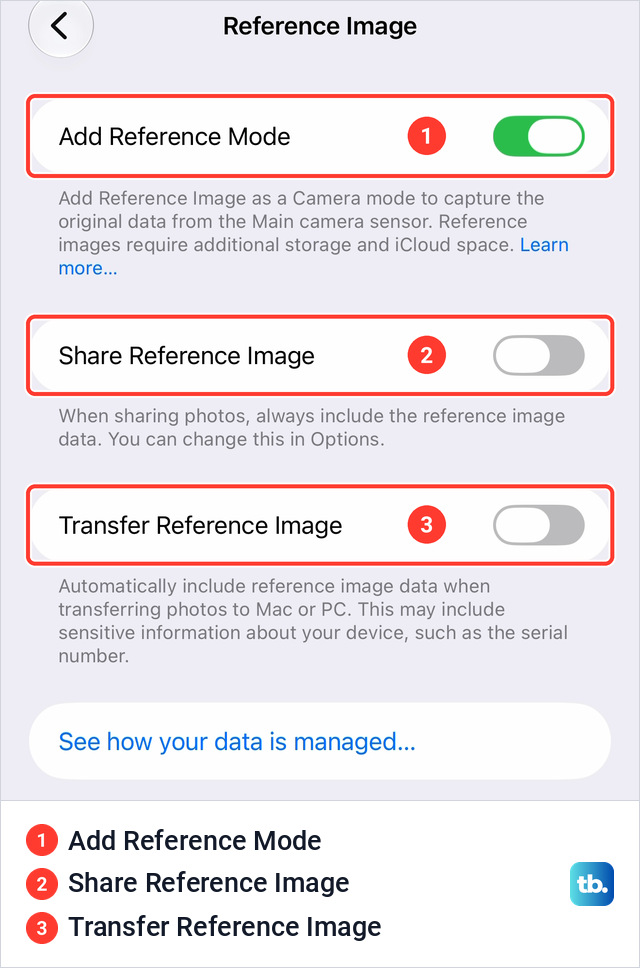 The Reference Image settings screen with three switches, Add Reference Mode turned on, Share Reference Image and Transfer Reference Image turned off