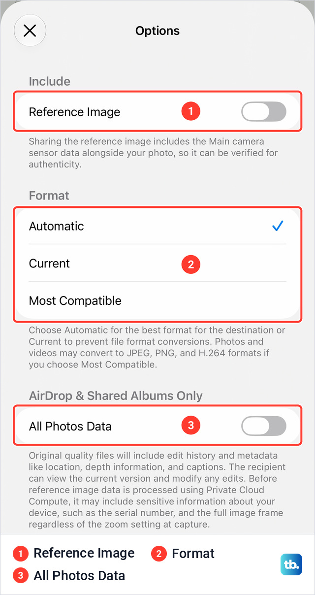 The Options screen with a Reference Image switch under Include, a Format list with Automatic checked, and an All Photos Data switch under AirDrop and Shared Albums Only