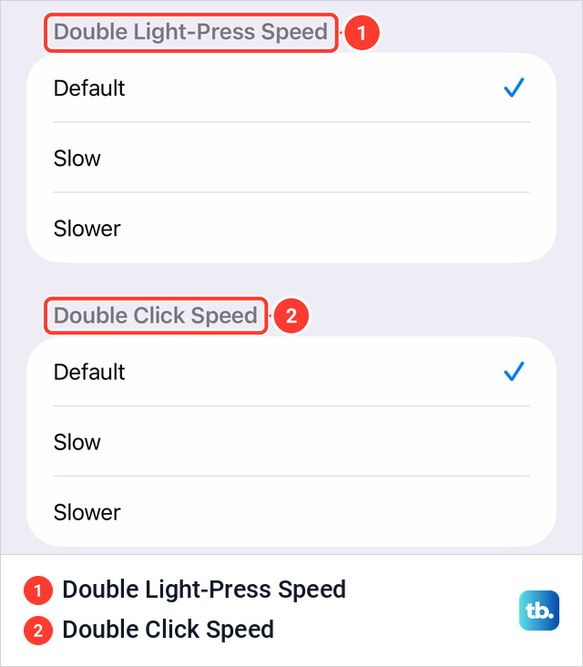 The lower part of the Camera Control accessibility screen with Double Light-Press Speed and Double Click Speed, each offering Default, Slow and Slower with Default ticked