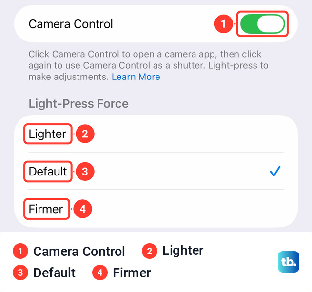 The top of the Camera Control accessibility screen with the Camera Control switch on and the Light-Press Force options Lighter, Default and Firmer, with Default ticked