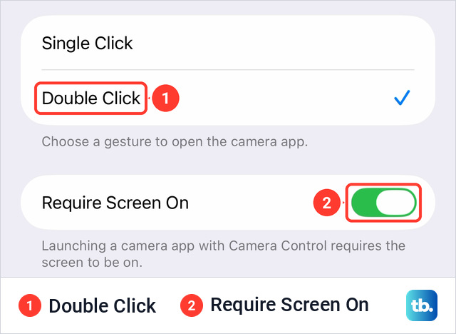 The Camera Control settings screen with Double Click ticked and the Require Screen On switch turned on