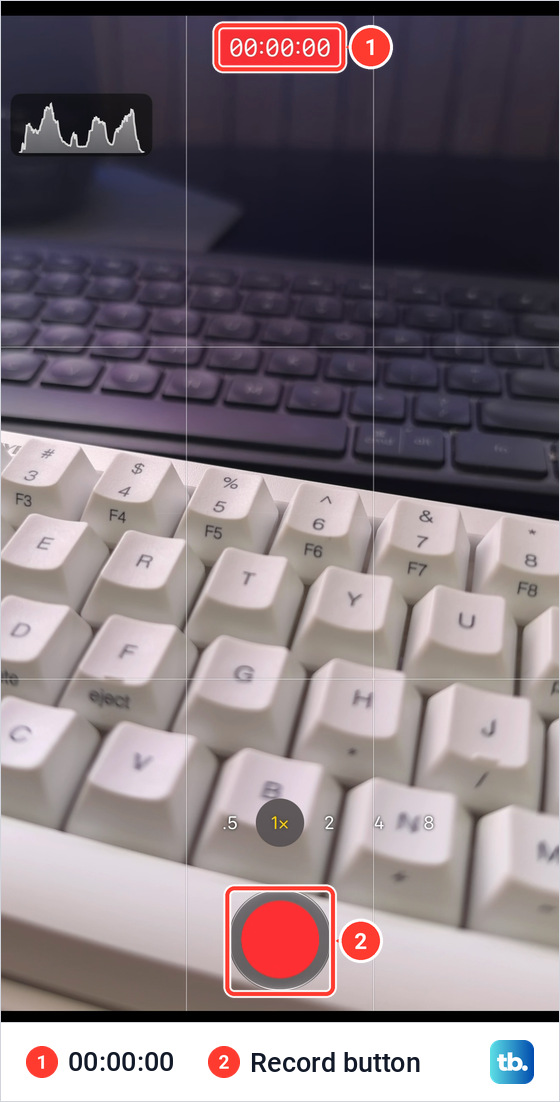 The iPhone 18 Pro Max Camera app pointed at a white keyboard, with a red 00:00:00 timer at the top and a red Record button at the bottom