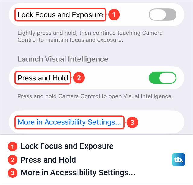 The lower part of the Camera Control settings screen with Lock Focus and Exposure switched off, Press and Hold under Launch Visual Intelligence switched on, and the More in Accessibility Settings link
