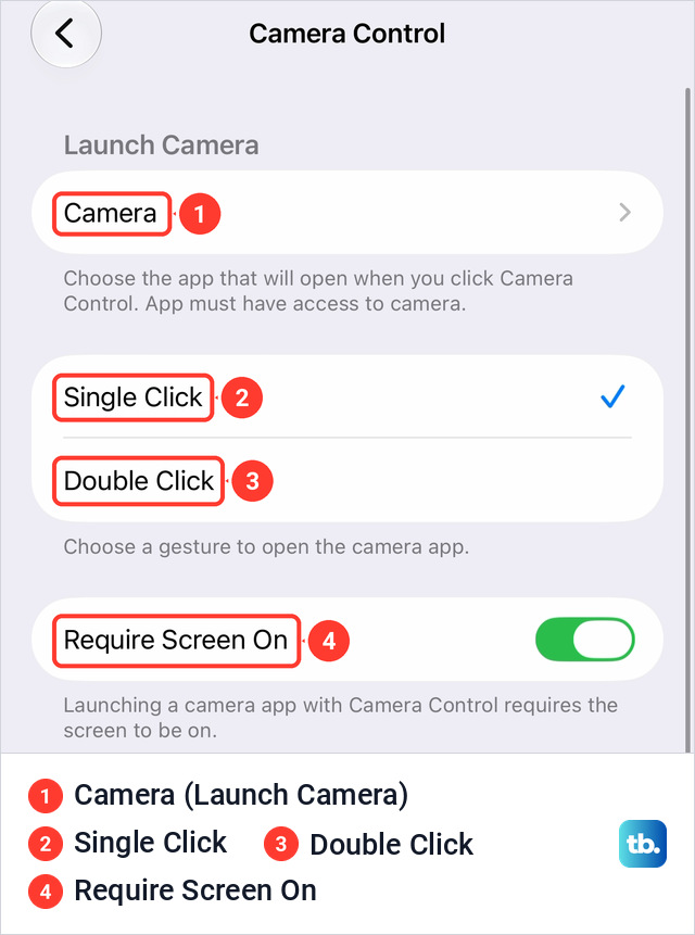 The top of the Camera Control settings screen with Camera under Launch Camera, Single Click ticked, Double Click below it, and the Require Screen On switch turned on