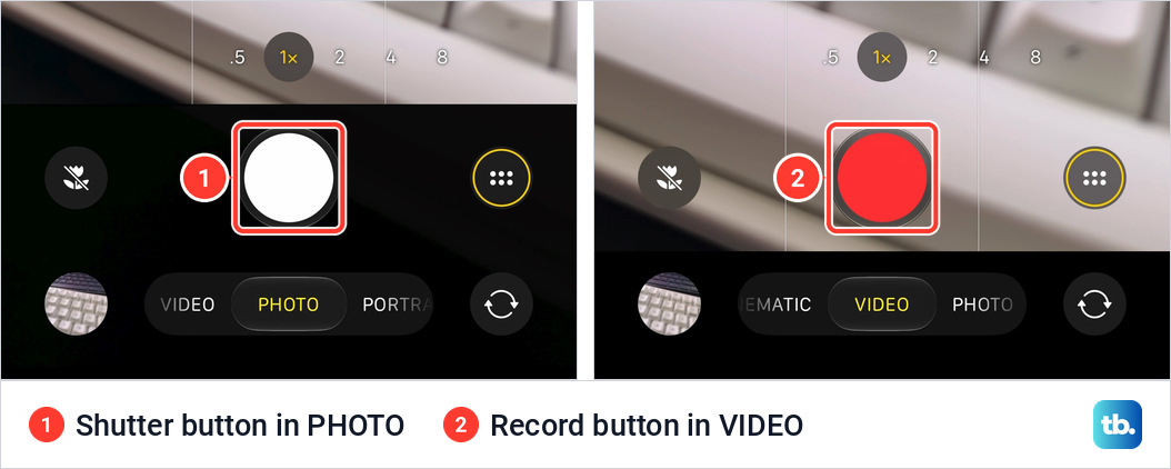 The bottom of the iPhone 18 Pro Max Camera app twice, with a white Shutter button above PHOTO on the left and a red Record button above VIDEO on the right
