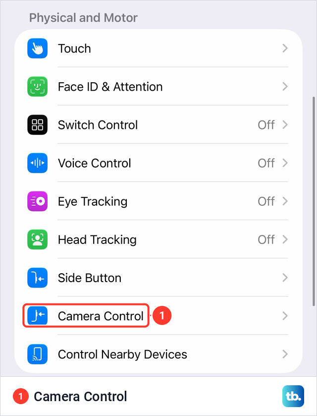 The Physical and Motor group in iPhone Accessibility settings, with the Camera Control row between Side Button and Control Nearby Devices