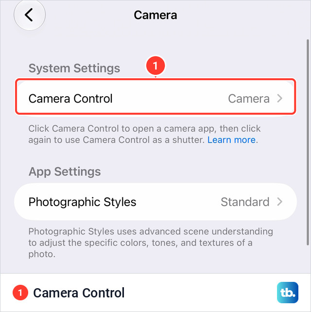 The Camera settings screen on iPhone with the Camera Control row under System Settings, showing Camera as its value