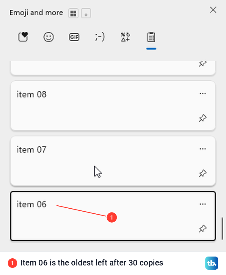 Bottom of clipboard history showing item 06 as the oldest entry.