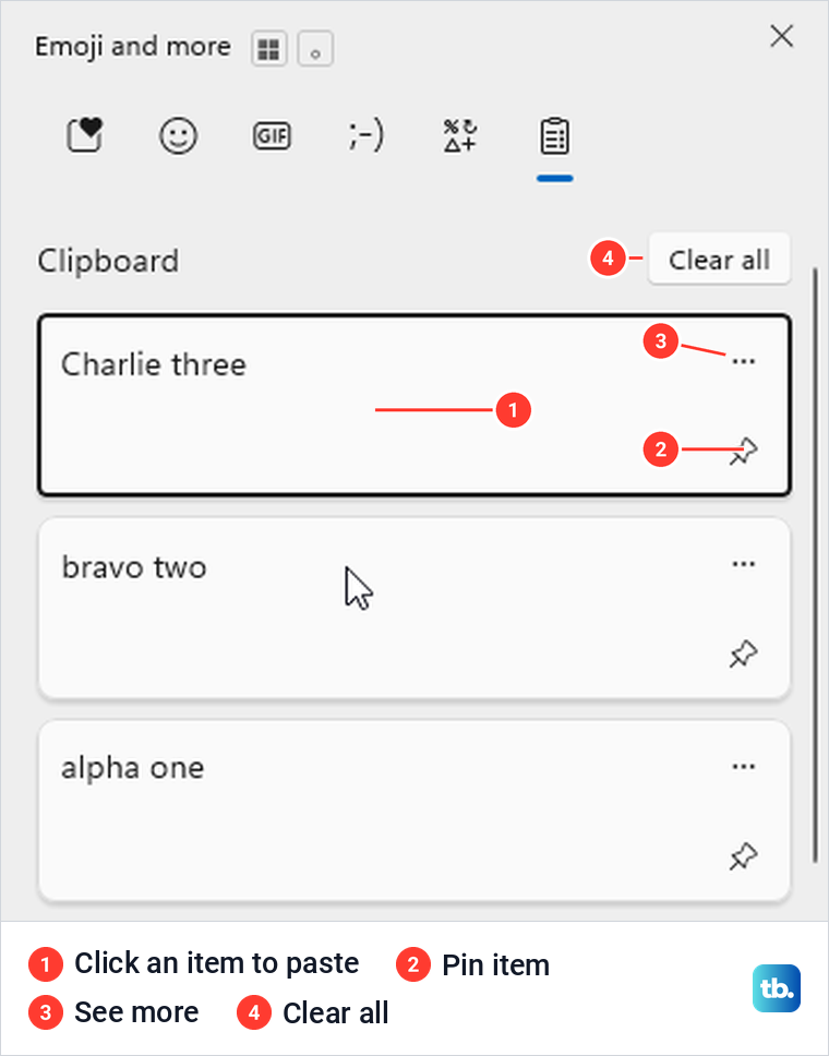 Clipboard history showing three copied lines and numbered item controls.