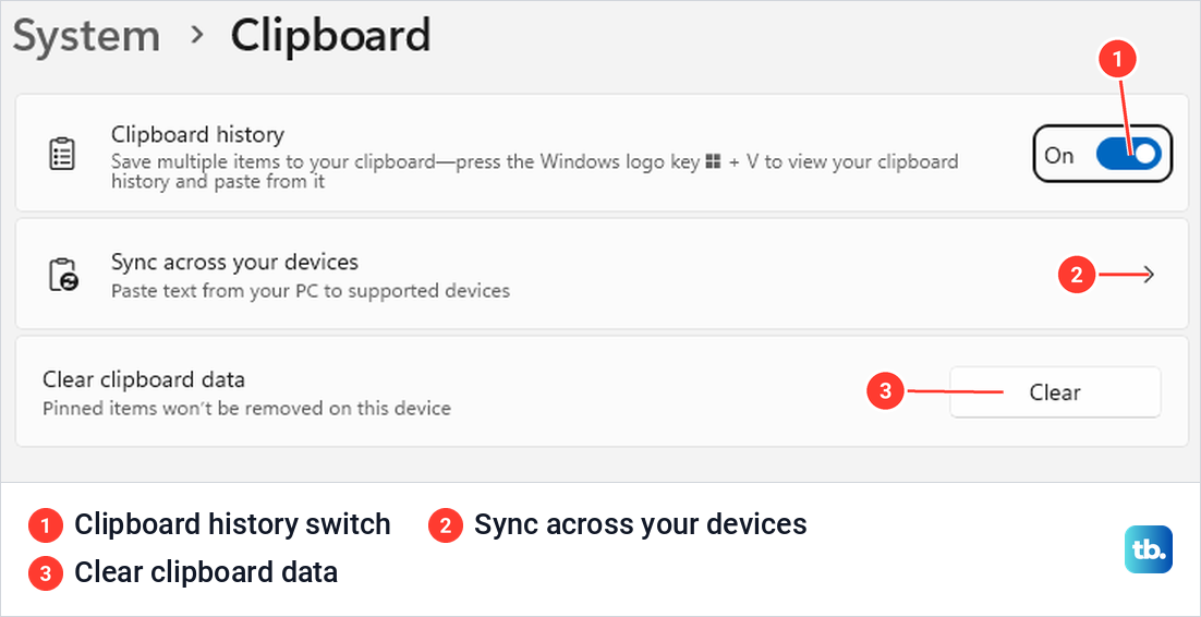 Windows System Clipboard settings with history sync and clearing controls marked.