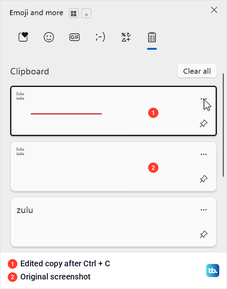 Clipboard history showing an edited screenshot above its original unmarked version.