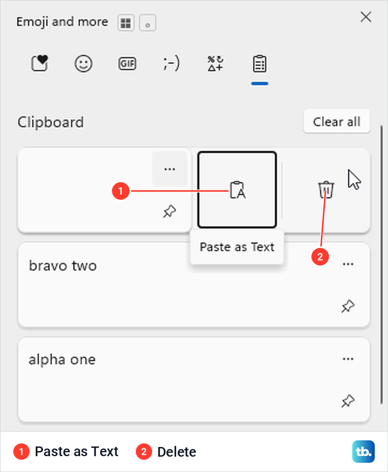 Clipboard text entry showing Paste as Text and Delete buttons.