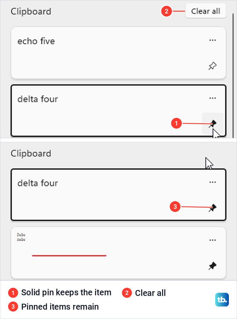 Clipboard entries before and after clearing with pinned text and picture remaining.