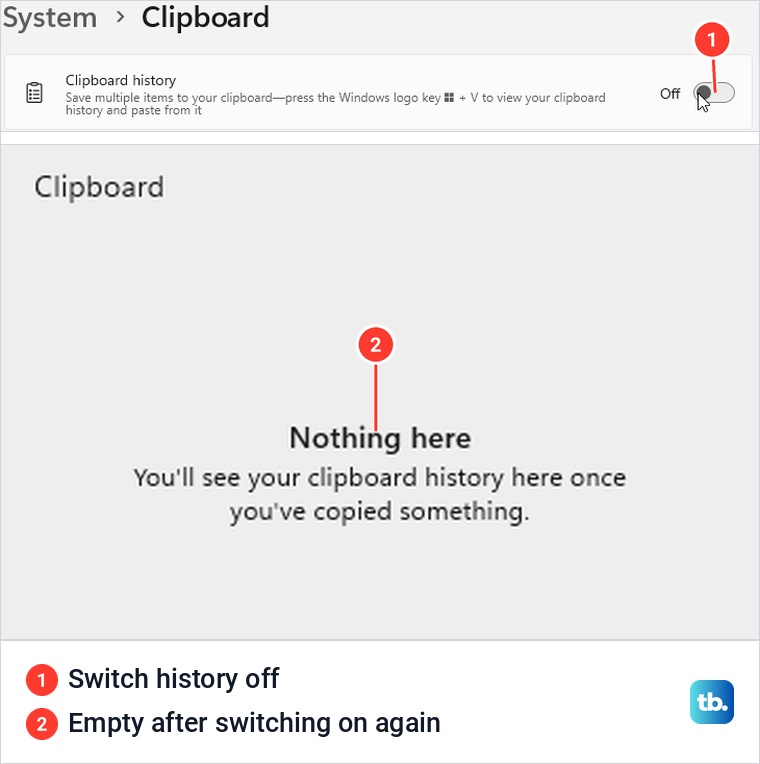 Clipboard history switched off and the empty panel after enabling it again.