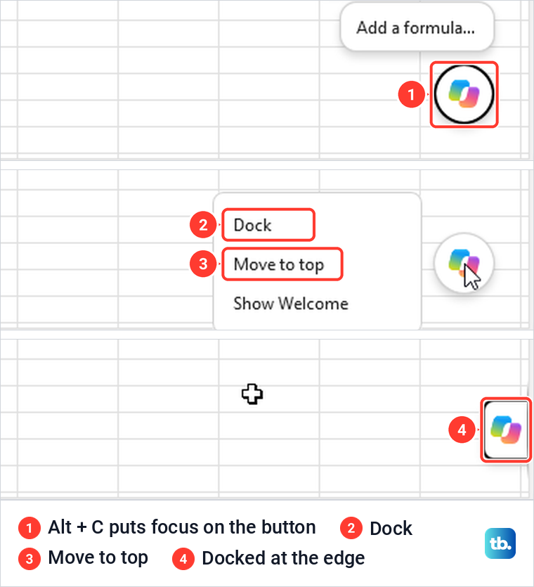 Excel Copilot button with a keyboard focus ring, its right-click menu, and the docked button.