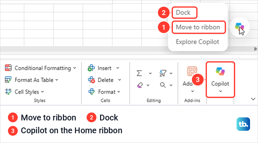 Excel for the web right-click menu on the Copilot button, and the Copilot button on the Home ribbon.