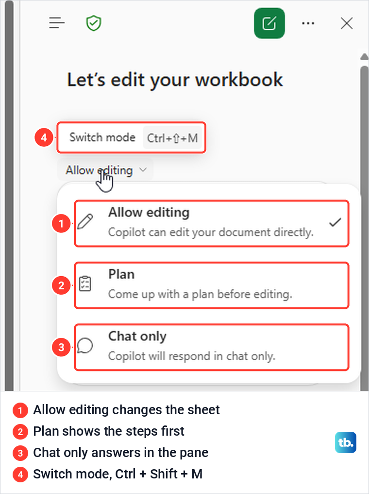 Copilot in Excel mode menu listing Allow editing, Plan and Chat only with their descriptions.