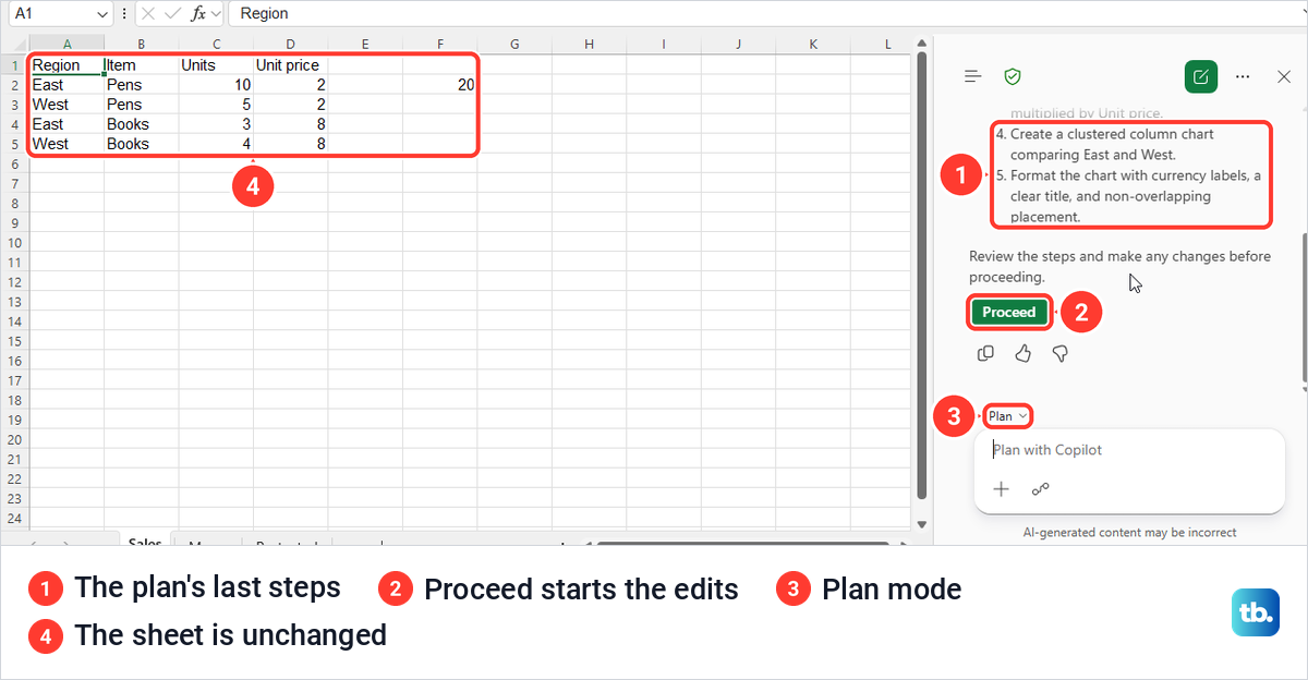 Copilot in Excel Plan mode showing the last plan steps and a green Proceed button.