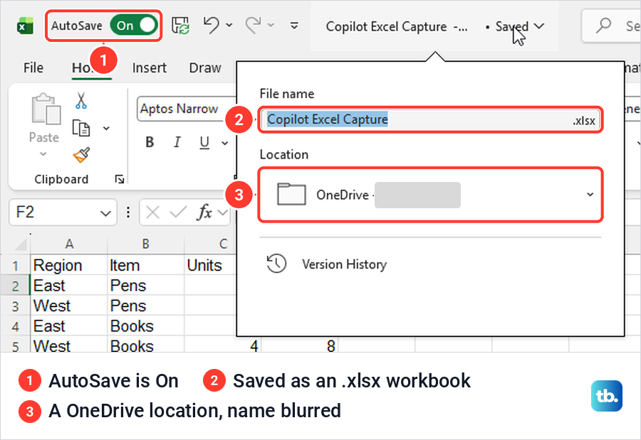 Excel title bar with AutoSave on and a file card showing an .xlsx workbook saved to OneDrive.