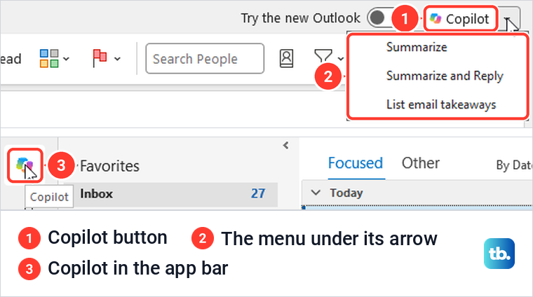 Classic Outlook ribbon with the Copilot button, its arrow menu and the Copilot icon in the app bar.