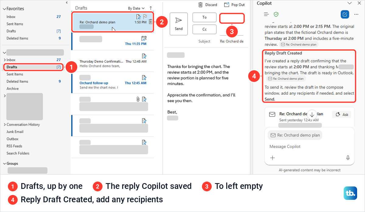 Classic Outlook Drafts folder holding the reply Copilot saved, with an empty To line.