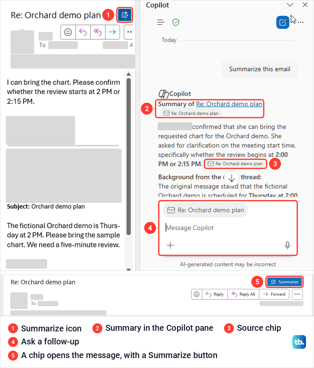Classic Outlook thread summary in the Copilot pane with source chips and a message window opened from a chip.