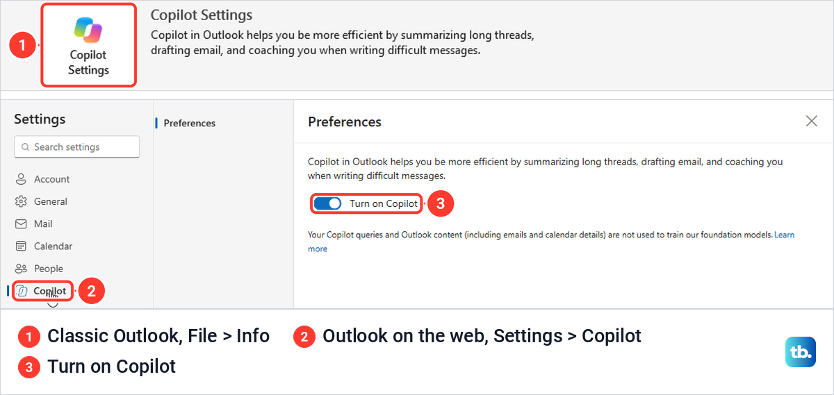 Copilot Settings in classic Outlook File Info and the Turn on Copilot switch on the web.