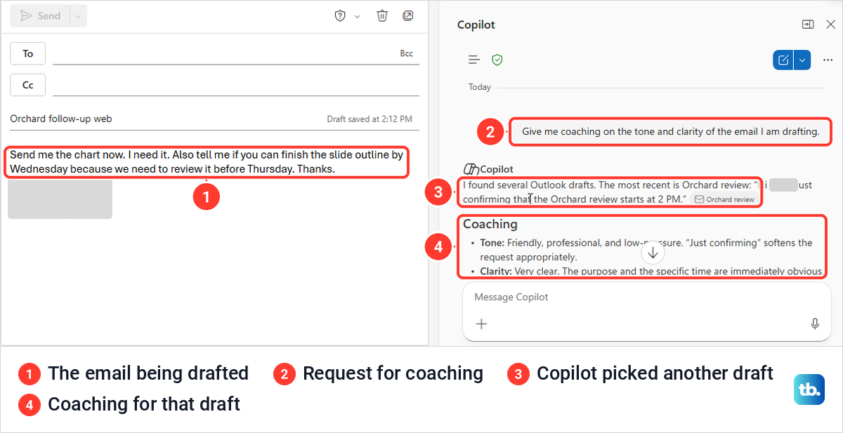 Outlook on the web Copilot pane coaching a different draft from the email on screen.