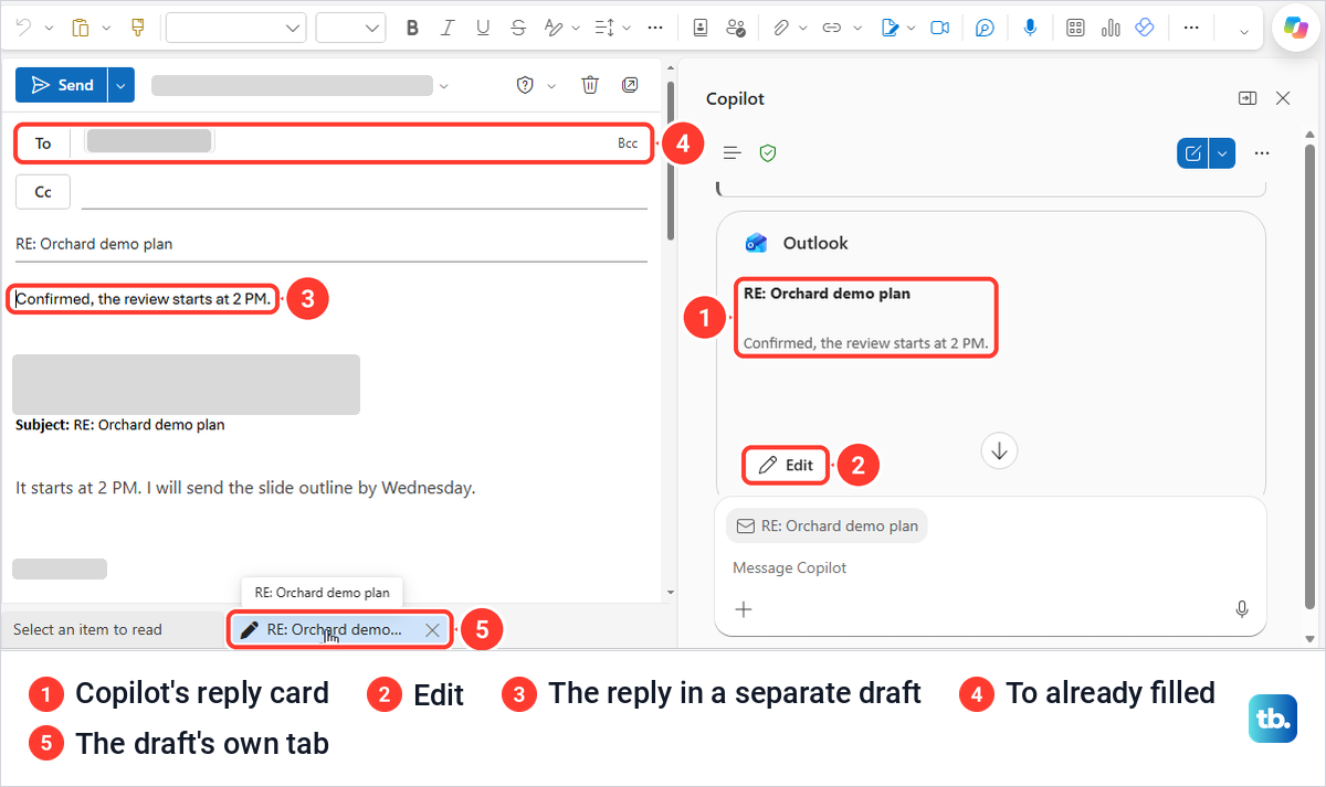 Outlook on the web reply draft opened from the Edit button on a Copilot card.