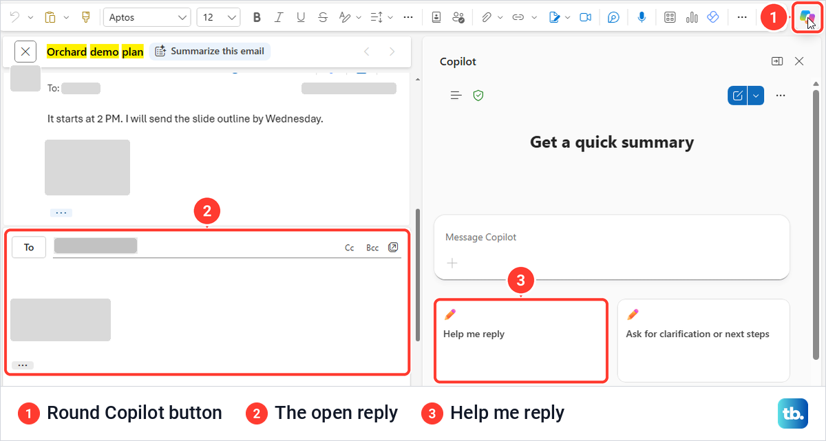 Outlook on the web reply open beside the Copilot pane showing the Help me reply card.