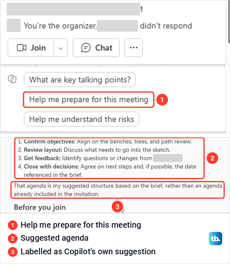 Outlook on the web meeting card with Copilot suggestions and a suggested agenda in the pane.