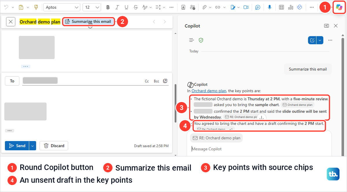 Outlook on the web with Summarize this email selected and the summary in the Copilot pane.
