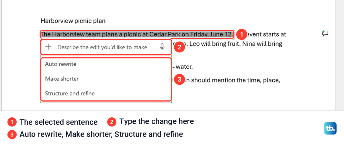 Selected sentence in Word with the Alt + I Copilot box and three rewrite options below it.