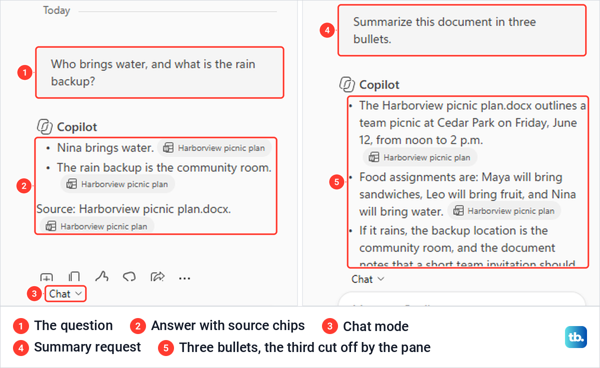 Two Copilot pane answers in Chat mode, one to a question and one a three-bullet summary.