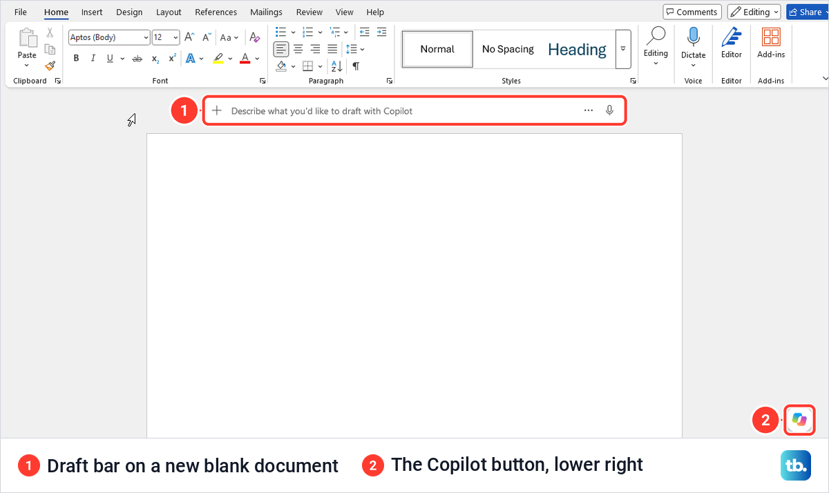 Blank Word document with the Copilot draft bar above the page and the round Copilot button at the lower right.