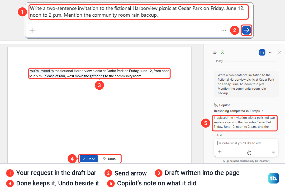 Word draft bar with an invitation request, then the two-sentence invitation on the page with Done and Undo.