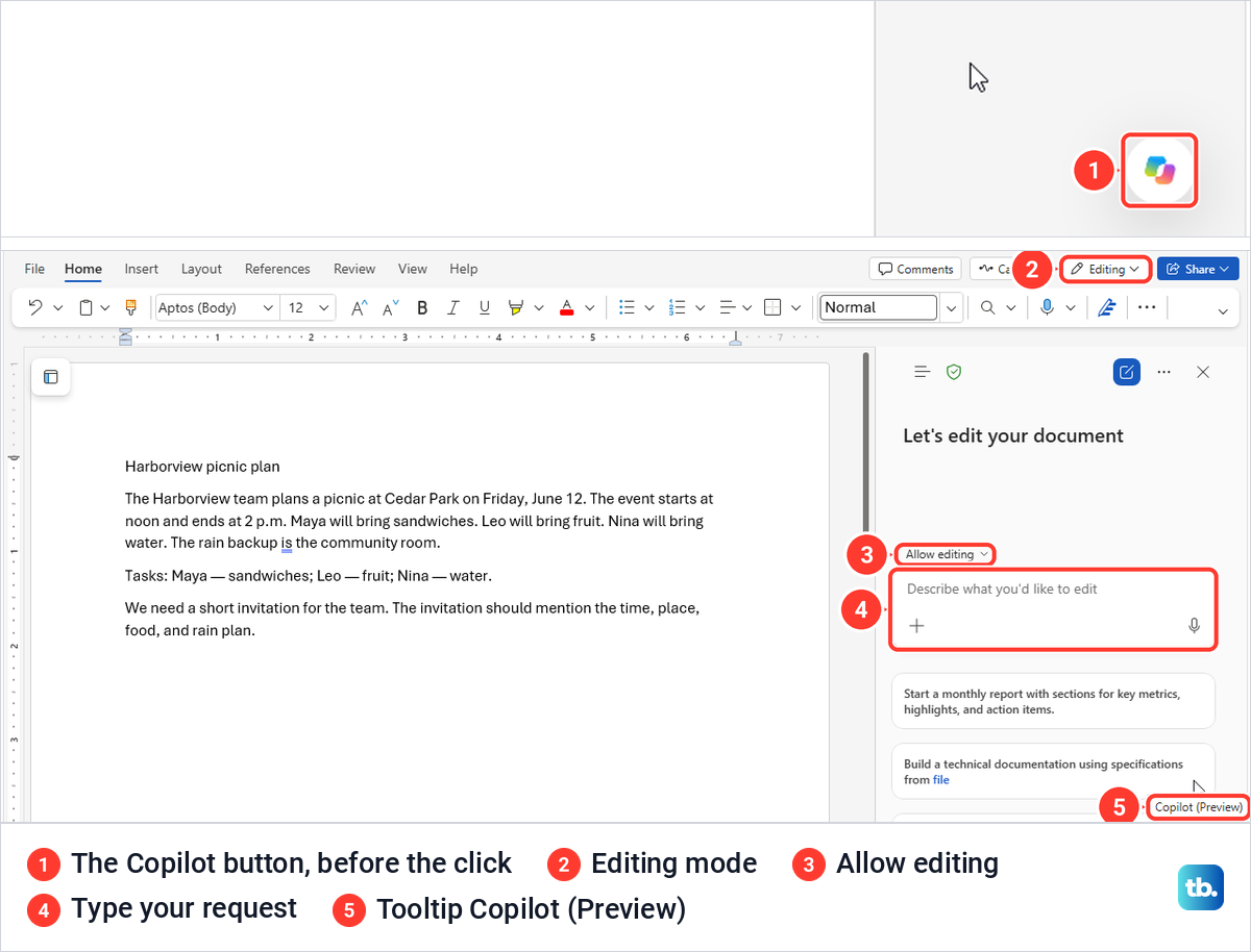 Word for the web with the round Copilot button, then the Copilot pane open in Allow editing.