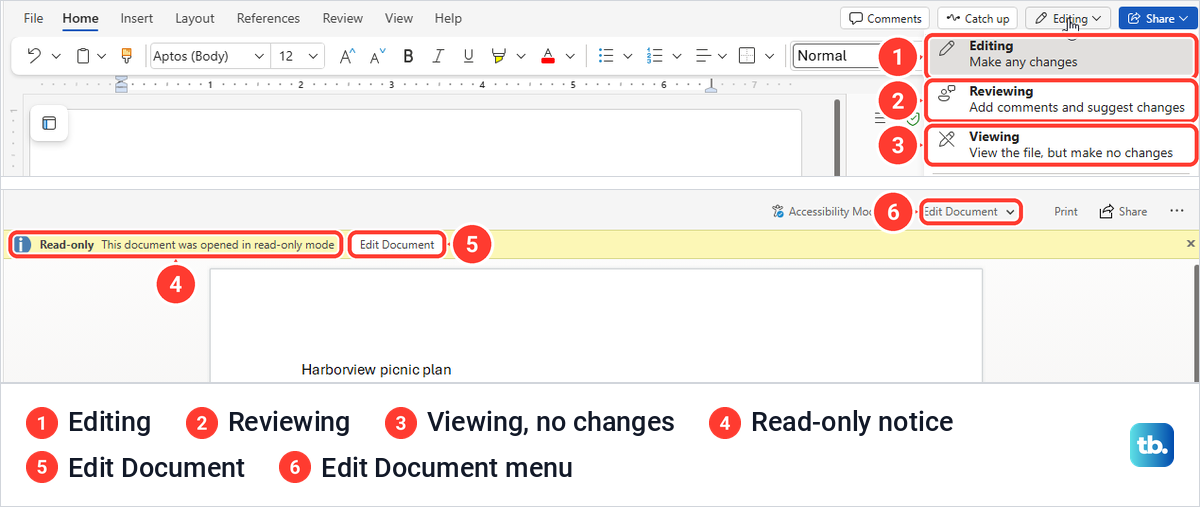 Word for the web mode menu with Editing, Reviewing and Viewing, then the Read-only notice.