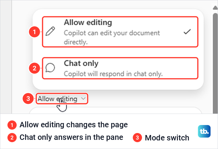 Copilot mode menu in Word with Allow editing and Chat only and a line explaining each.