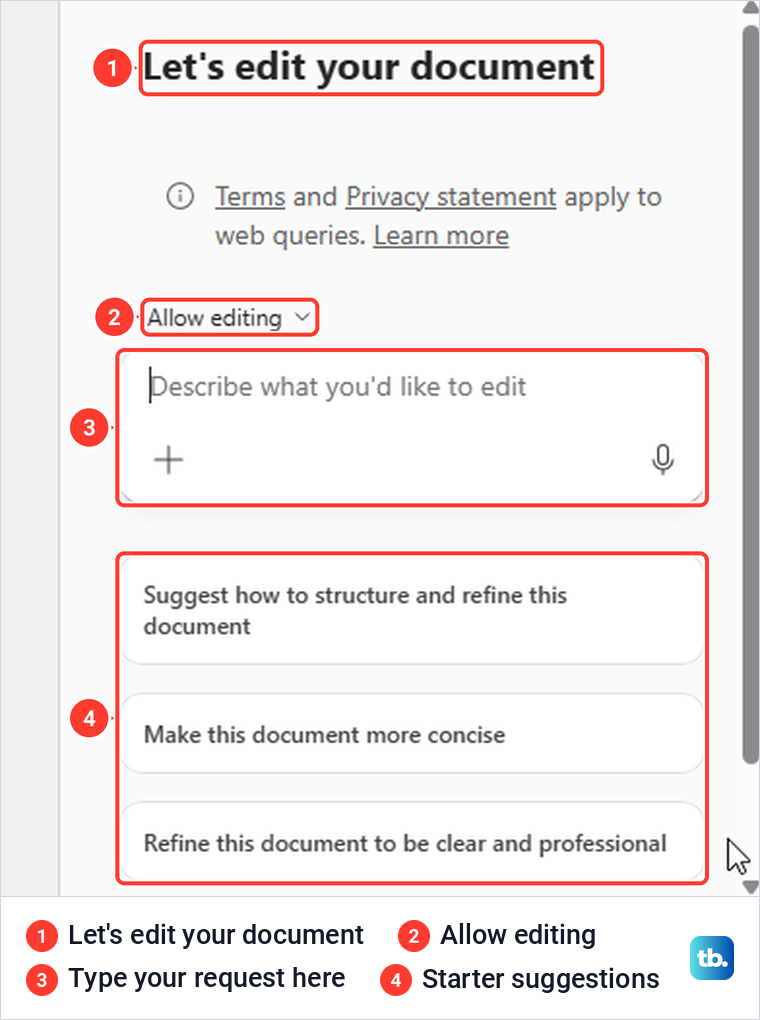 Copilot pane in Word headed Let's edit your document, set to Allow editing, with a prompt box.