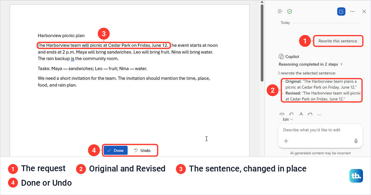 Word with one sentence rewritten in place and the Copilot pane listing the Original and Revised wording.